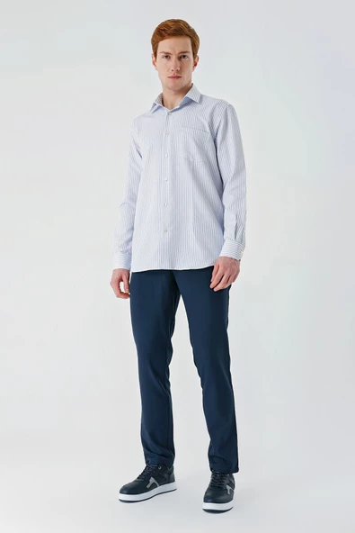 Koyu Lacivert Uzun Kollu İtalyan Yaka Cepsiz Garnili Pamuklu Klasik Slim Fit Gömlek 1004240151 - Resim 6