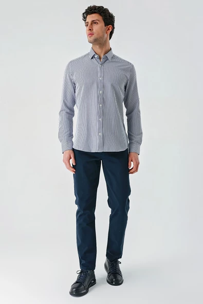 Koyu Lacivert Kısalabilir Kol Biritli Yaka Cepsiz Pamuklu Klasik Slim Fit Gömlek 1004240156 - 2