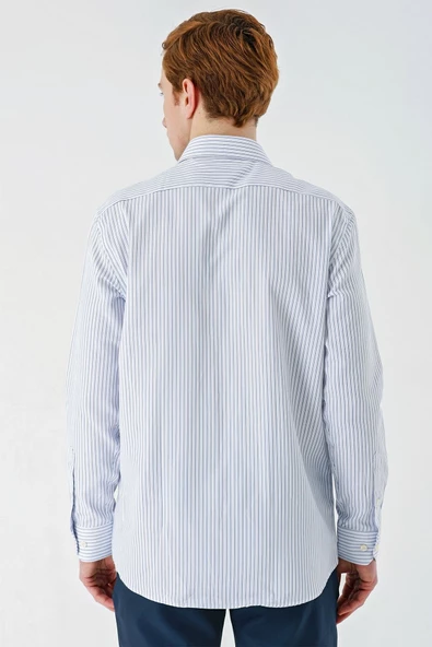 Koyu Lacivert Uzun Kollu İtalyan Yaka Cepsiz Garnili Pamuklu Klasik Slim Fit Gömlek 1004240151 - Resim 2