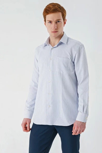 Koyu Lacivert Uzun Kollu İtalyan Yaka Cepsiz Garnili Pamuklu Klasik Slim Fit Gömlek 1004240151 - Resim 4