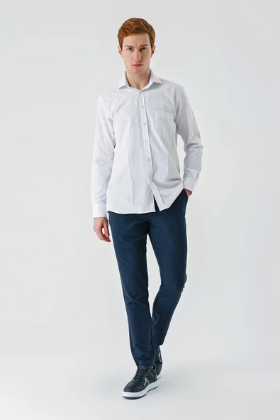 Siyah Uzun Kollu Çizgili Armürlü İtalyan Yaka Cepli Garnili Pamuklu  Comfort Fit Gömlek 1004240152 - 4