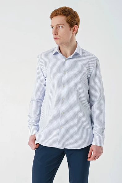 Koyu Lacivert Uzun Kollu İtalyan Yaka Cepsiz Garnili Pamuklu Klasik Slim Fit Gömlek 1004240151