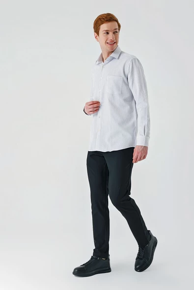 Gri Uzun Kollu Çizgili  İtalyan Yaka Cepsiz Garnili Pamuklu Klasik Slim Fit Gömlek 1004240151 - Resim 2