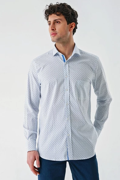 Koyu Mavi Uzun Kollu Baskılı  İtalyan Yaka Cepli  Pamuklu Likralı  Comfort Fit Gömlek 1004240160 - Resim 3