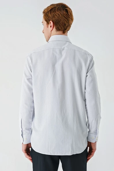 Gri Uzun Kollu Çizgili  İtalyan Yaka Cepsiz Garnili Pamuklu Klasik Slim Fit Gömlek 1004240151 - Resim 7