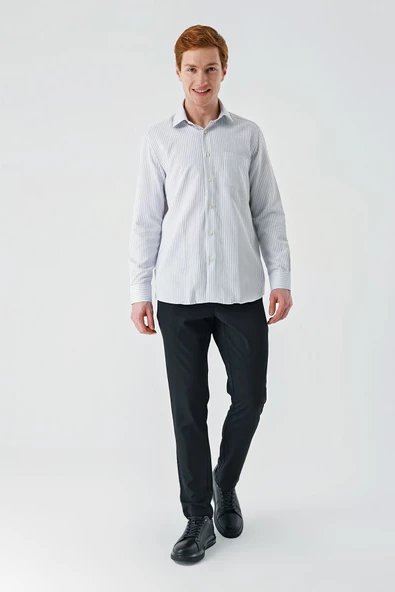 Gri Uzun Kollu Çizgili  İtalyan Yaka Cepsiz Garnili Pamuklu Klasik Slim Fit Gömlek 1004240151 - Resim 4