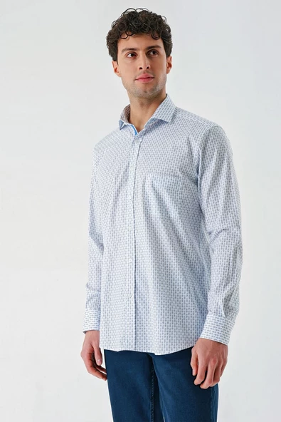 Koyu Mavi Uzun Kollu Baskılı  İtalyan Yaka Cepli  Pamuklu Likralı  Comfort Fit Gömlek 1004240160 - Resim 4