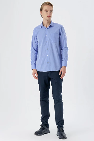 Mavi Uzun Kollu Filafil  Sert Yaka Cepli  Pamuklu Basic Comfort Fit Gömlek 1004240002 - Resim 4