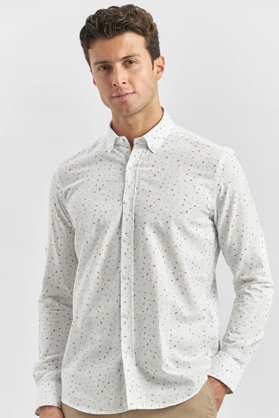 Beyaz Kısalabilir Kol Baskılı   Cepsiz  %100 Pamuk Klasik Slim Fit Dar Kesim Gömlek 1004240105 - Resim 5