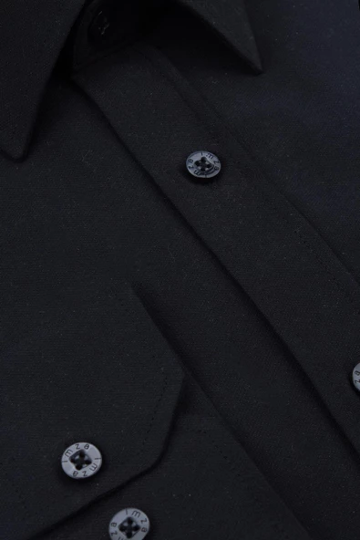 Siyah Uzun Kollu  Bez Ayağı Sert Yaka Cepsiz  Pamuklu Basic Slim Fit Dar Kesim Gömlek 1004240057 - Resim 8