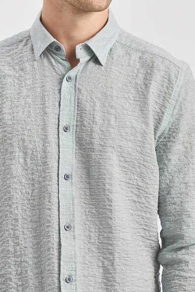 Koyu Lacivert Uzun Kollu Baskılı Gofreli  Cepsiz  Pamuklu Likralı Klasik Slim Fit Gömlek 1004240102 - Resim 5