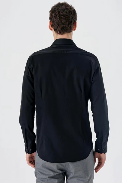 Siyah Uzun Kollu   Sert Yaka Cepsiz  %100 Pamuk Klasik Slim Fit Dar Kesim Gömlek 1004235424 - Resim 6