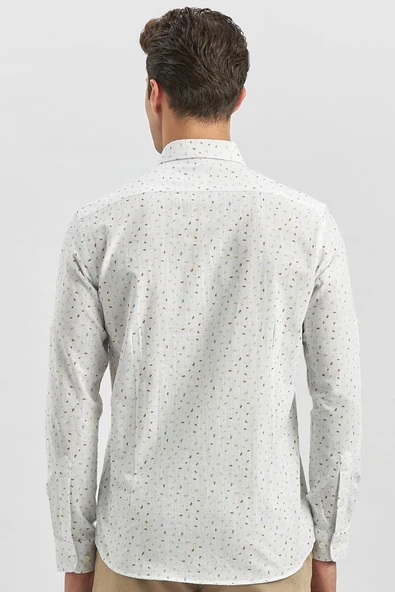 Beyaz Kısalabilir Kol Baskılı   Cepsiz  %100 Pamuk Klasik Slim Fit Dar Kesim Gömlek 1004240105 - Resim 8