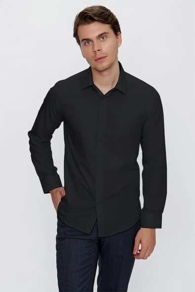 Siyah Uzun Kollu  Bez Ayağı Sert Yaka Cepsiz  Pamuklu Basic Slim Fit Dar Kesim Gömlek 1004240057 - Resim 5