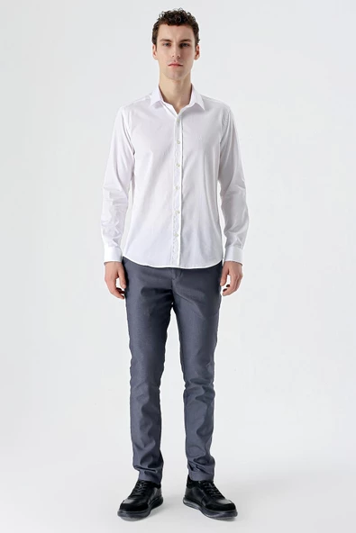 Beyaz Uzun Kollu   Sert Yaka Cepsiz  %100 Pamuk Klasik Slim Fit Dar Kesim Gömlek 1004235424 - Resim 4