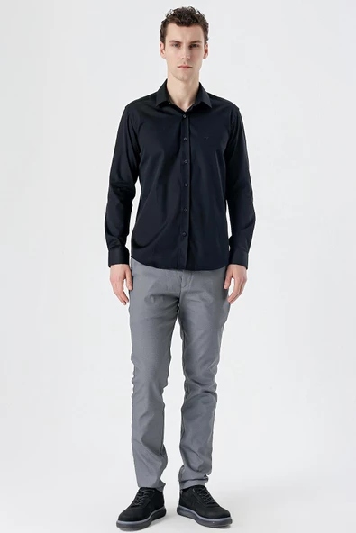 Siyah Uzun Kollu   Sert Yaka Cepsiz  %100 Pamuk Klasik Slim Fit Dar Kesim Gömlek 1004235424 - Resim 4