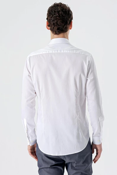 Beyaz Uzun Kollu   Sert Yaka Cepsiz  %100 Pamuk Klasik Slim Fit Dar Kesim Gömlek 1004235424 - Resim 6