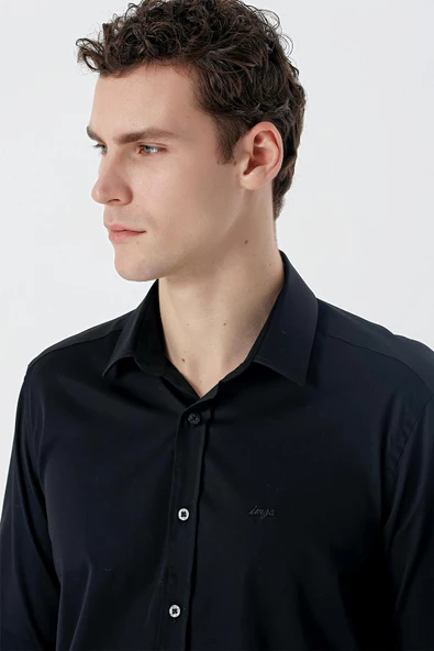 Siyah Uzun Kollu   Sert Yaka Cepsiz  %100 Pamuk Klasik Slim Fit Dar Kesim Gömlek 1004235424 - Resim 5