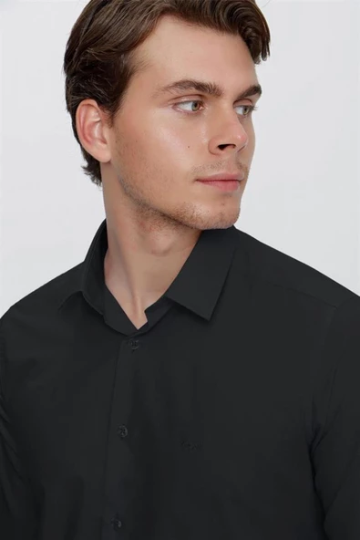 Siyah Uzun Kollu  Bez Ayağı Sert Yaka Cepsiz  Pamuklu Basic Slim Fit Dar Kesim Gömlek 1004240057 - Resim 2