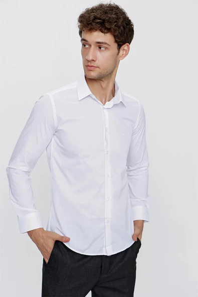 Beyaz Uzun Kollu  Bez Ayağı Sert Yaka Cepsiz  Pamuklu Basic Slim Fit Dar Kesim Gömlek 1004240057