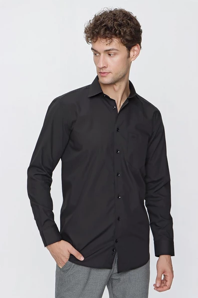 Siyah Uzun Kollu   Sert Yaka Cepli  Pamuklu Basic Comfort Fit Rahat Kesim Gömlek 1004240051 - Resim 5