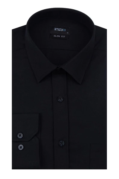 Siyah Uzun Kollu  Bez Ayağı Sert Yaka Cepsiz  Pamuklu Basic Slim Fit Dar Kesim Gömlek 1004240057 - Resim 7