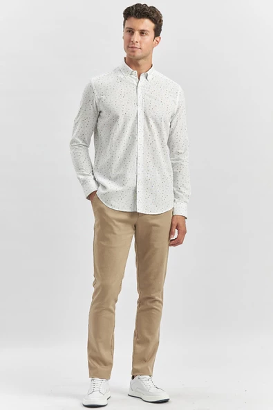 Beyaz Kısalabilir Kol Baskılı   Cepsiz  %100 Pamuk Klasik Slim Fit Dar Kesim Gömlek 1004240105 - Resim 7