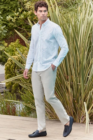 Beyaz Kısalabilir Kol Baskılı   Cepsiz  %100 Pamuk Klasik Slim Fit Dar Kesim Gömlek 1004240105 - Resim 3