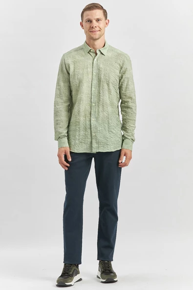 Koyu Yeşil Uzun Kollu Baskılı Gofreli Cepsiz Pamuklu Likralı Slim Fit Gömlek 1004240100 - Resim 4