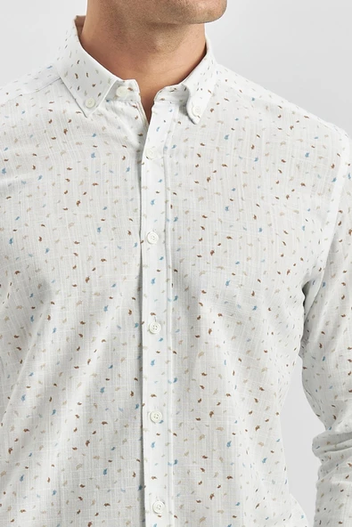 Beyaz Kısalabilir Kol Baskılı   Cepsiz  %100 Pamuk Klasik Slim Fit Dar Kesim Gömlek 1004240105 - Resim 4