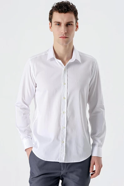Beyaz Uzun Kollu   Sert Yaka Cepsiz  %100 Pamuk Klasik Slim Fit Dar Kesim Gömlek 1004235424 - Resim 2