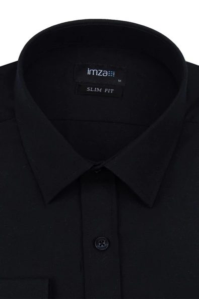 Siyah Uzun Kollu  Bez Ayağı Sert Yaka Cepsiz  Pamuklu Basic Slim Fit Dar Kesim Gömlek 1004240057 - Resim 6
