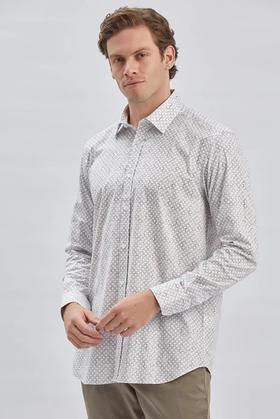 Beyaz Uzun Kollu Baskılı  Sert Yaka Cepli Klasik Comfort Fit Gömlek 1004240107 - 3