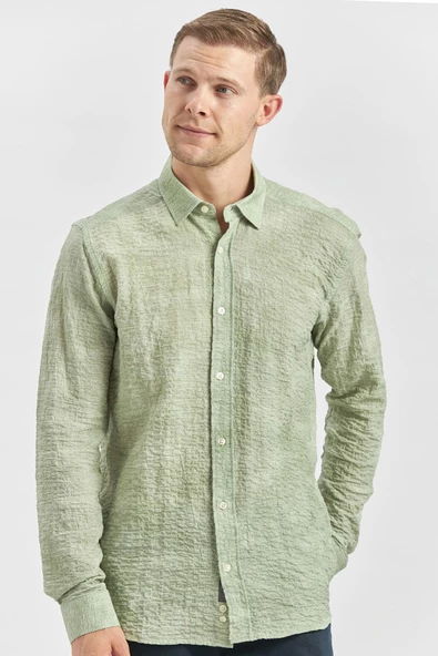 Koyu Yeşil Uzun Kollu Baskılı Gofreli Cepsiz Pamuklu Likralı Slim Fit Gömlek 1004240100 - Resim 2