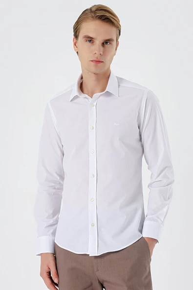 Beyaz Uzun Kollu Filafil  Sert Yaka Cepsiz  Pamuklu Basic Slim Fit Dar Kesim Gömlek 1004240008 - Resim 2