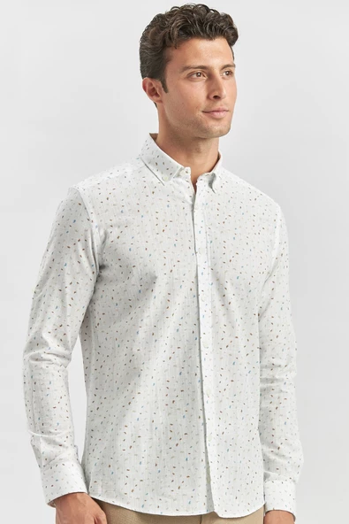 Beyaz Kısalabilir Kol Baskılı   Cepsiz  %100 Pamuk Klasik Slim Fit Dar Kesim Gömlek 1004240105 - Resim 2
