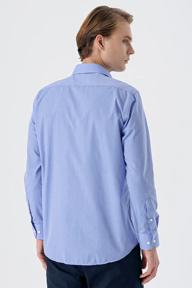 Mavi Uzun Kollu Filafil  Sert Yaka Cepli  Pamuklu Basic Comfort Fit Gömlek 1004240002 - Resim 6