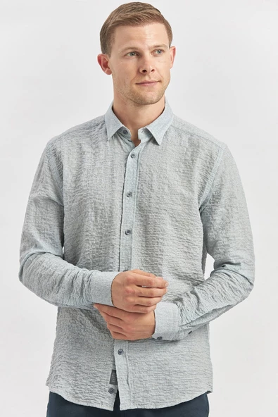 Koyu Lacivert Uzun Kollu Baskılı Gofreli  Cepsiz  Pamuklu Likralı Klasik Slim Fit Gömlek 1004240102 - Resim 2