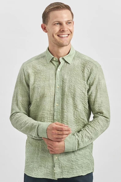 Koyu Yeşil Uzun Kollu Baskılı Gofreli Cepsiz Pamuklu Likralı Slim Fit Gömlek 1004240100 - Resim 5