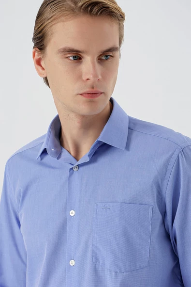 Mavi Uzun Kollu Filafil  Sert Yaka Cepli  Pamuklu Basic Comfort Fit Gömlek 1004240002 - Resim 5