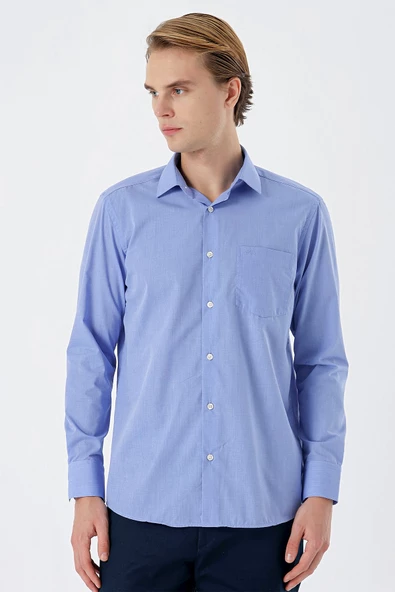 Mavi Uzun Kollu Filafil  Sert Yaka Cepli  Pamuklu Basic Comfort Fit Gömlek 1004240002 - Resim 2
