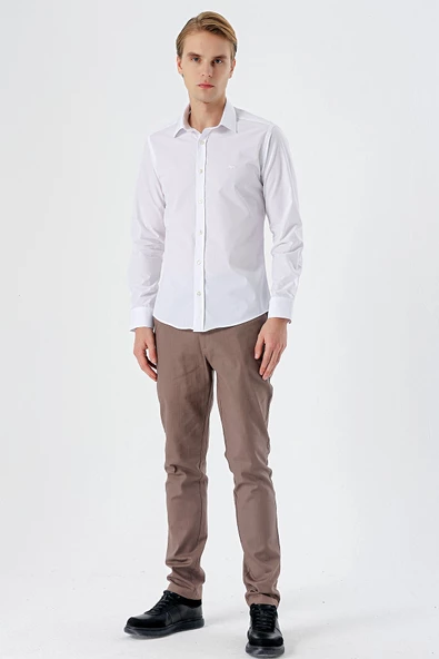 Beyaz Uzun Kollu Filafil  Sert Yaka Cepsiz  Pamuklu Basic Slim Fit Dar Kesim Gömlek 1004240008 - Resim 4
