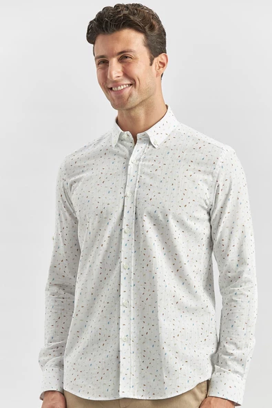 Beyaz Kısalabilir Kol Baskılı   Cepsiz  %100 Pamuk Klasik Slim Fit Dar Kesim Gömlek 1004240105 - Resim 6
