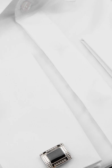 Beyaz Uzun Kollu  Bez Ayağı Ata Yaka Cepsiz  Pamuklu Basic Slim Fit Dar Kesim Gömlek 1004240060 - Resim 3