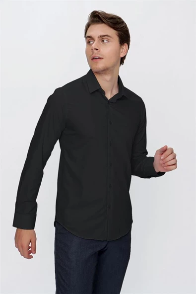 Siyah Uzun Kollu  Bez Ayağı Sert Yaka Cepsiz  Pamuklu Basic Slim Fit Dar Kesim Gömlek 1004240057