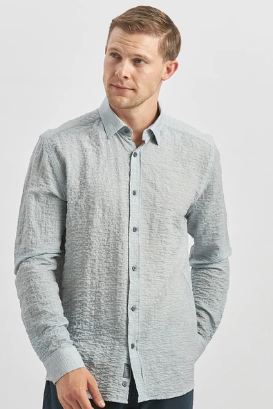 Koyu Lacivert Uzun Kollu Baskılı Gofreli  Cepsiz  Pamuklu Likralı Klasik Slim Fit Gömlek 1004240102 - Resim 4