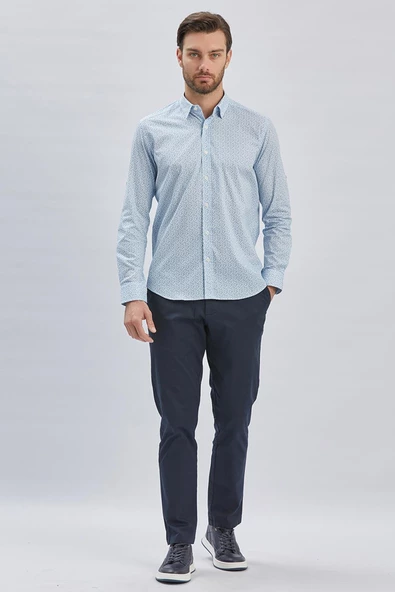 Mavi Kısalabilir Kol Baskılı Cepsiz %97 Pamuk %3 Elastane Klasik Slim Fit Gömlek 1004240116