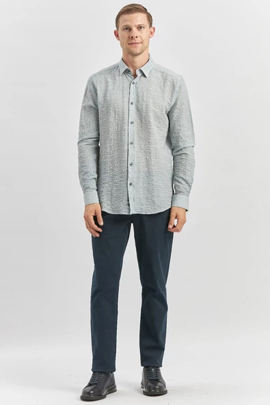 Koyu Lacivert Uzun Kollu Baskılı Gofreli  Cepsiz  Pamuklu Likralı Klasik Slim Fit Gömlek 1004240102 - Resim 3