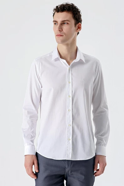 Beyaz Uzun Kollu   Sert Yaka Cepsiz  %100 Pamuk Klasik Slim Fit Dar Kesim Gömlek 1004235424 - Resim 3