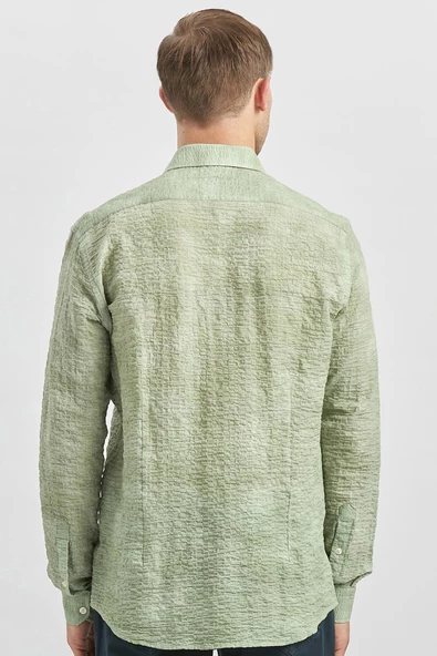 Koyu Yeşil Uzun Kollu Baskılı Gofreli Cepsiz Pamuklu Likralı Slim Fit Gömlek 1004240100 - Resim 6